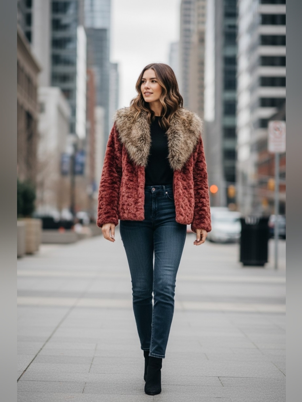 Faux Fur Rust Jacket with Brown Fur Collar